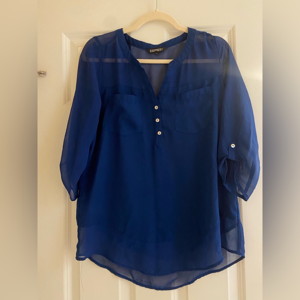 Express Blouse cobalt blue sheer sleeves long sleeve